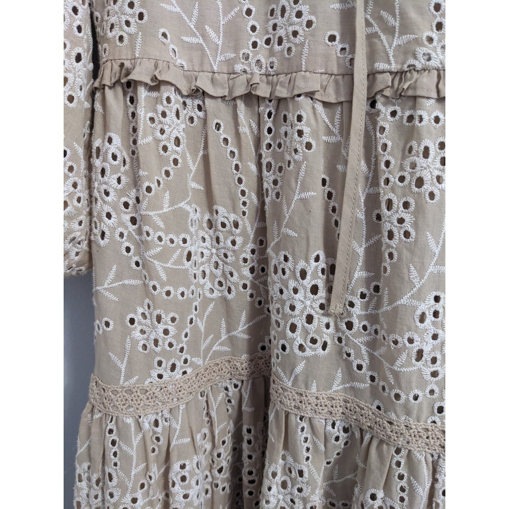 Chicos Tan Beige Cotton Eyelet Lace Tiered Midi Dress Womens Size 1 US 8 Boho - Picture 4 of 16